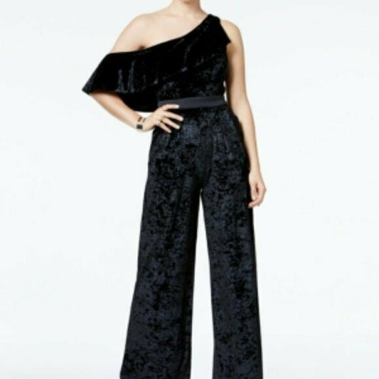 XOXO Juniors' Velvet One Shoulder Ruffle Jumpsuit, MSRP $100