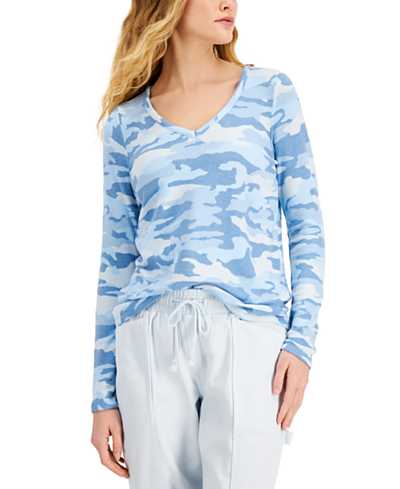 Style&co. Petite Camo Draped Top, Blue