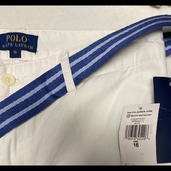 Polo Ralph Lauren Boys' Suffield Belted Stretch Chino Shorts. White. MSRP $50