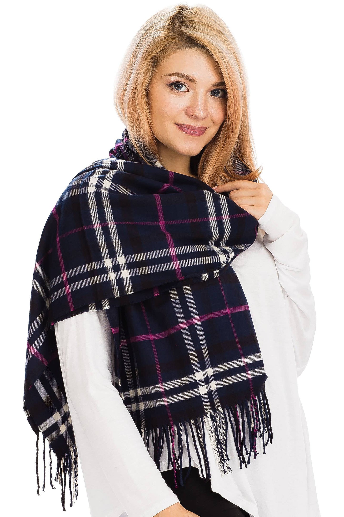 Windowpane Plaid Vegan Cashmere Long Wrap Scarf: BURGUNDY/BEIGE / ONE SIZE