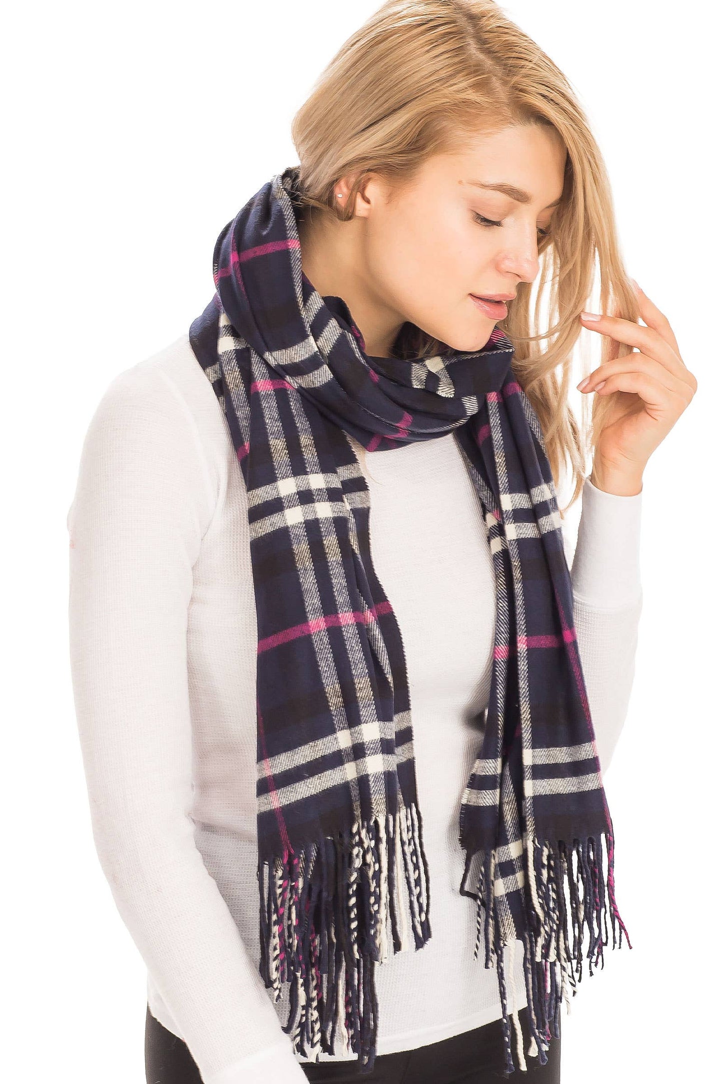 Windowpane Plaid Vegan Cashmere Long Wrap Scarf: TEAL/NAVY BLUE / ONE SIZE