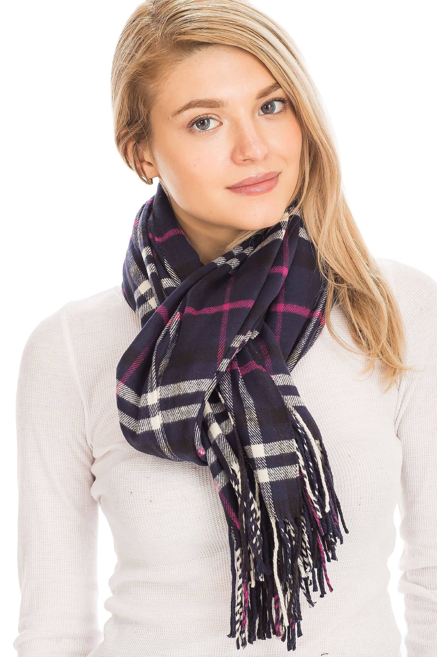 Windowpane Plaid Vegan Cashmere Long Wrap Scarf: TEAL/NAVY BLUE / ONE SIZE
