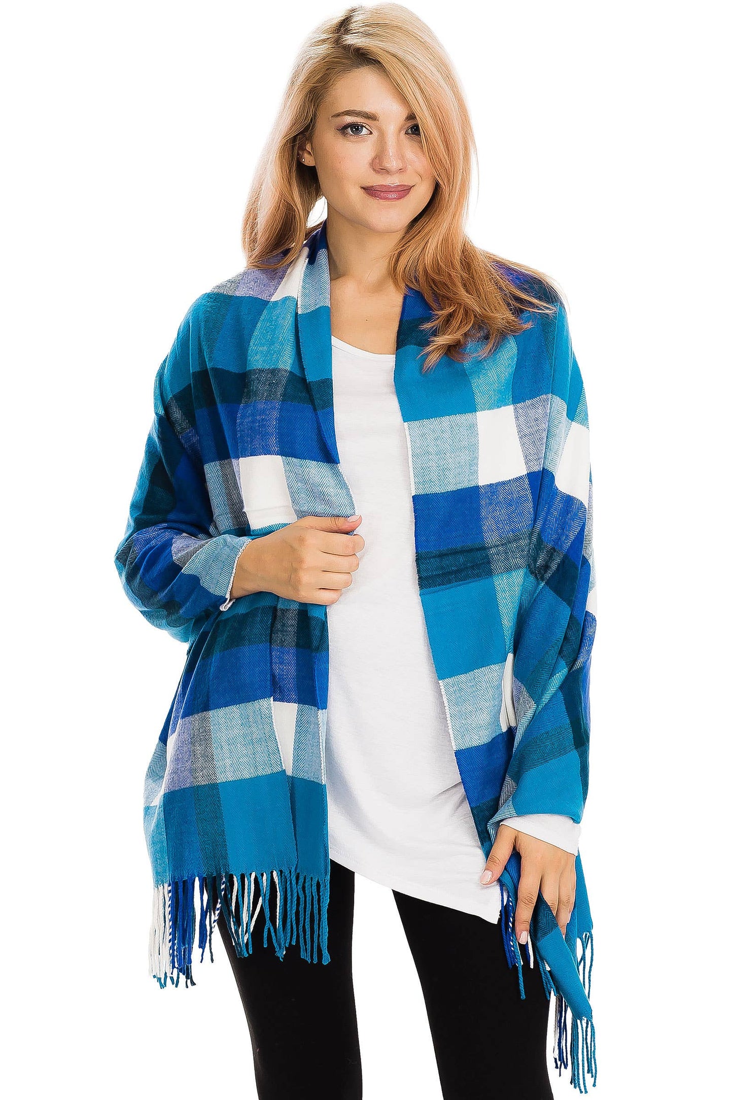 Windowpane Plaid Vegan Cashmere Long Wrap Scarf: TEAL/NAVY BLUE / ONE SIZE