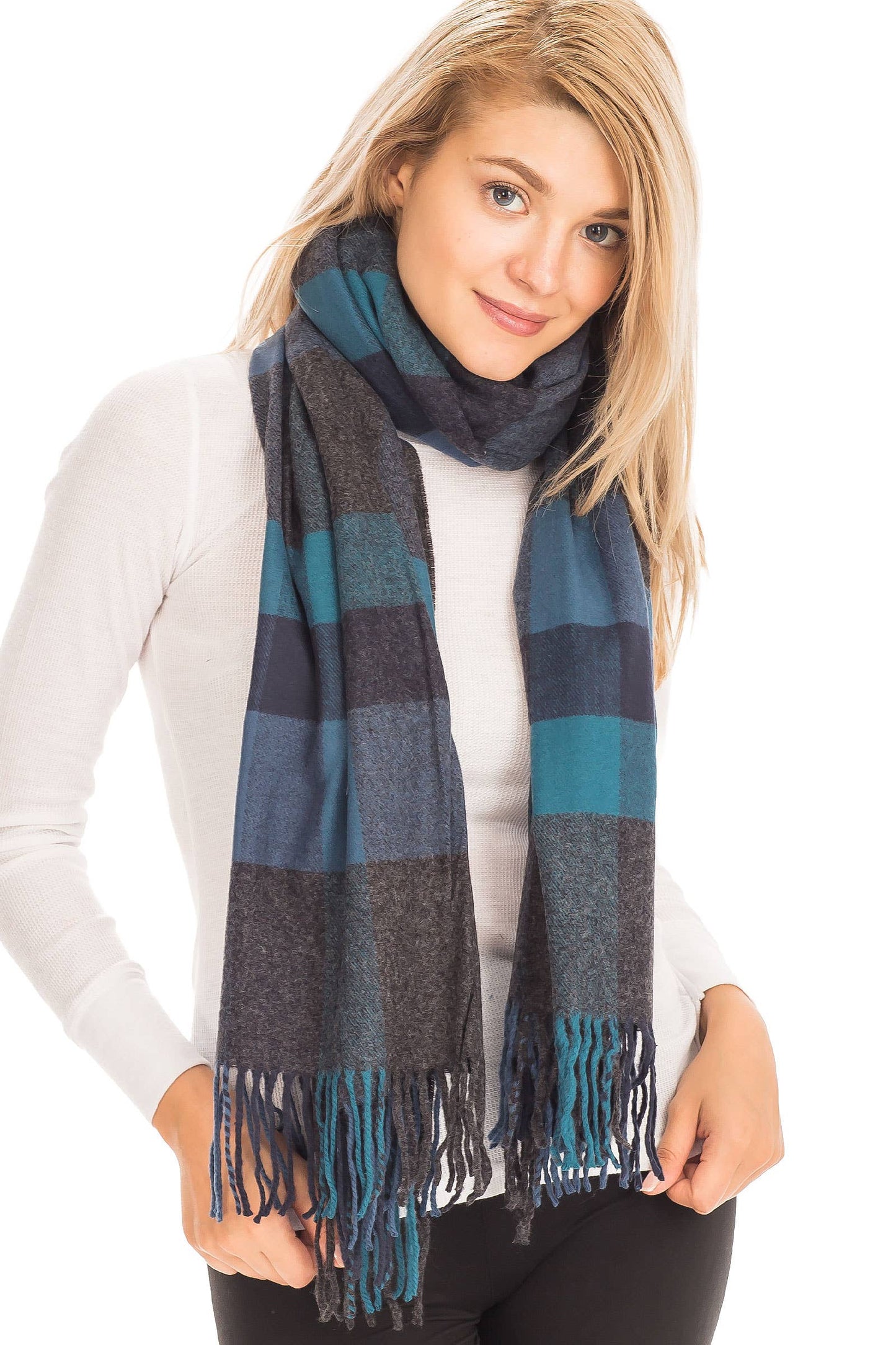 Windowpane Plaid Vegan Cashmere Long Wrap Scarf: BURGUNDY/BEIGE / ONE SIZE