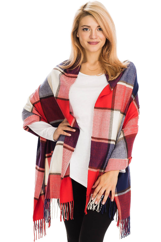 Windowpane Plaid Vegan Cashmere Long Wrap Scarf: BURGUNDY/BEIGE / ONE SIZE