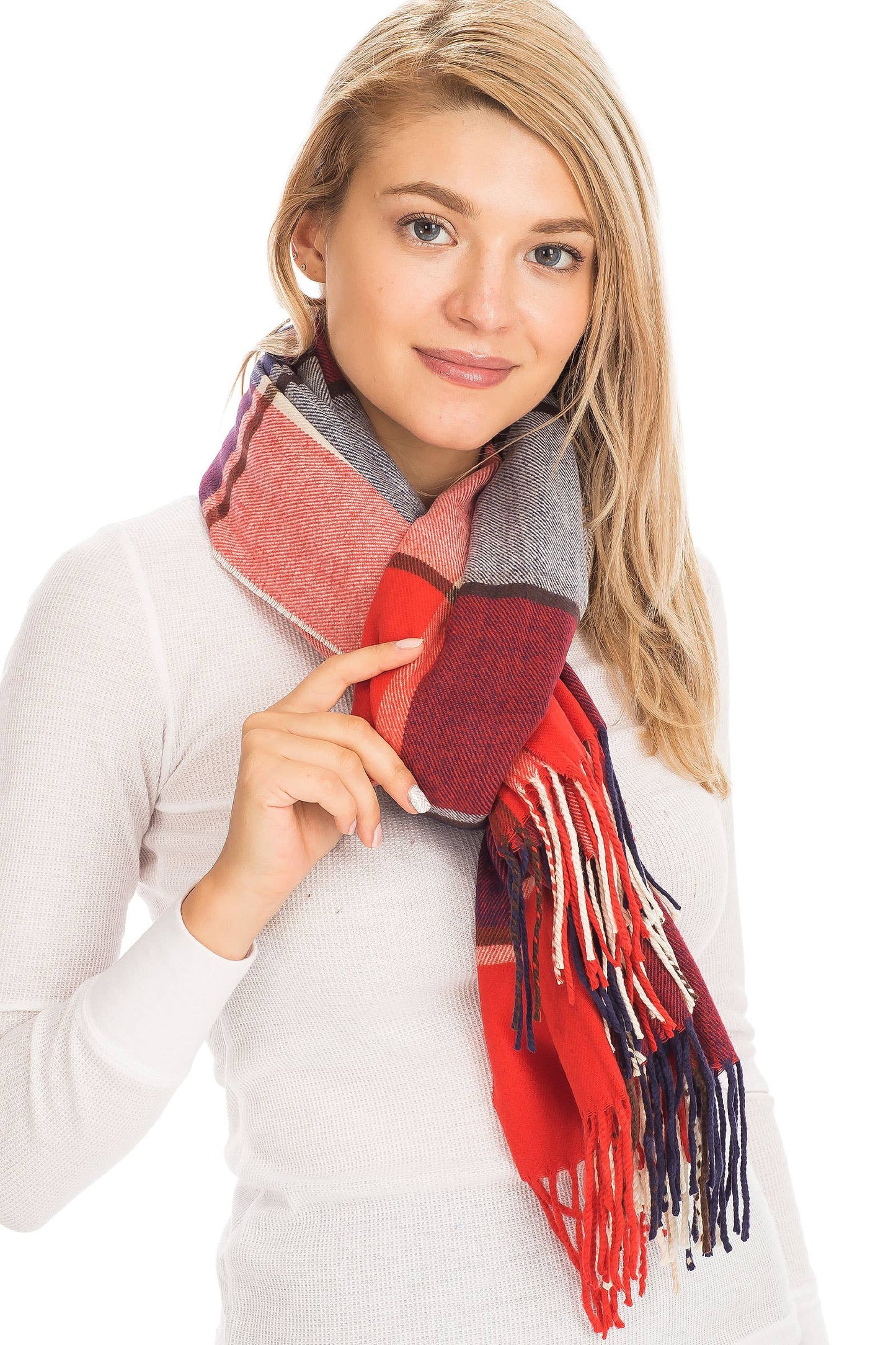 Windowpane Plaid Vegan Cashmere Long Wrap Scarf: BURGUNDY/BEIGE / ONE SIZE