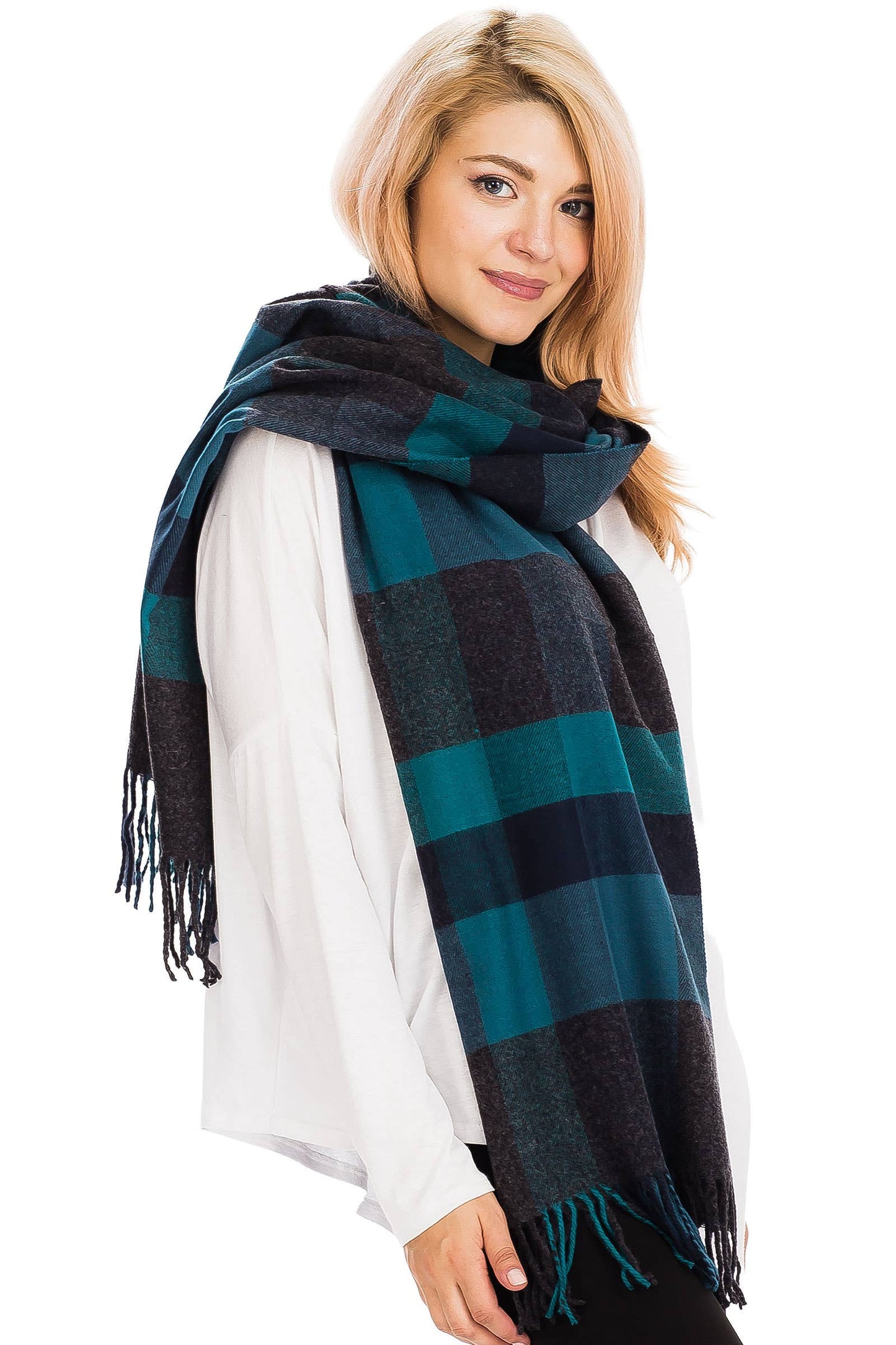 Windowpane Plaid Vegan Cashmere Long Wrap Scarf: BURGUNDY/BEIGE / ONE SIZE