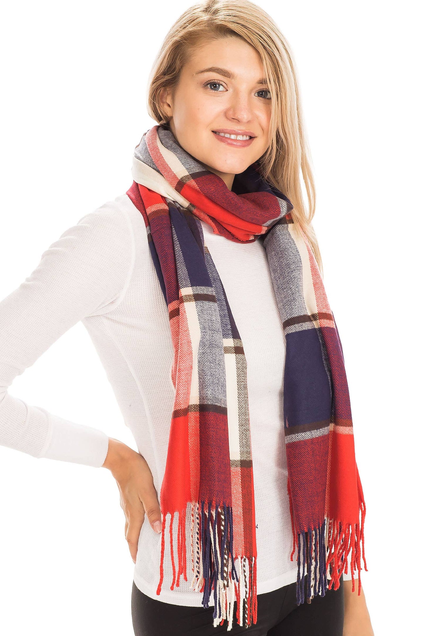 Windowpane Plaid Vegan Cashmere Long Wrap Scarf: TEAL/NAVY BLUE / ONE SIZE