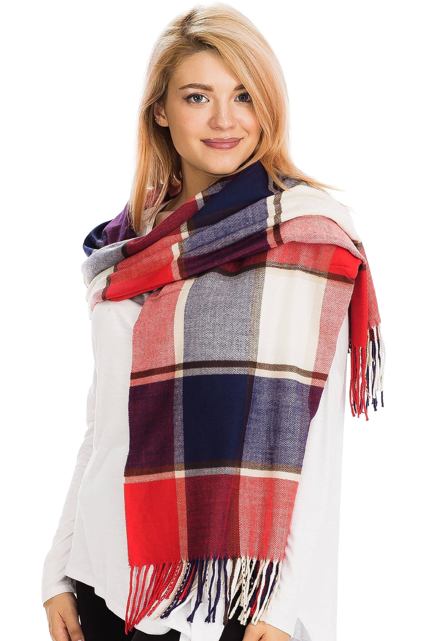 Windowpane Plaid Vegan Cashmere Long Wrap Scarf: TEAL/NAVY BLUE / ONE SIZE