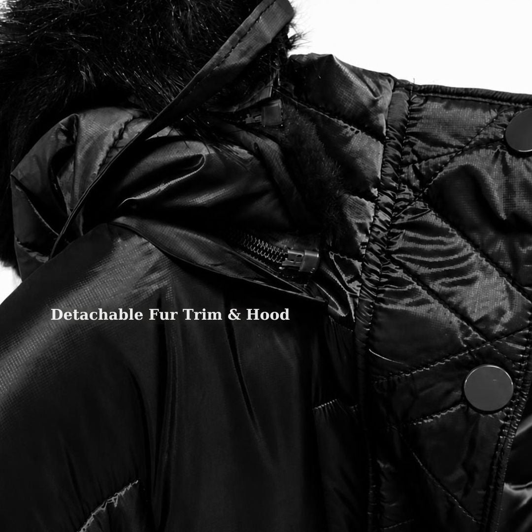 Women's Long Quilted Puffer Jacket with Detachable Hood & Faux Fur Trim Black