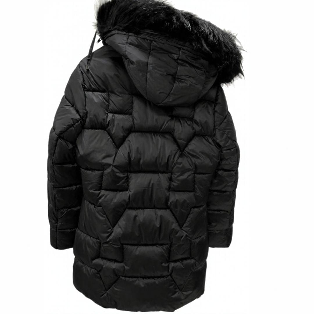 Women's Long Quilted Puffer Jacket with Detachable Hood & Faux Fur Trim Black