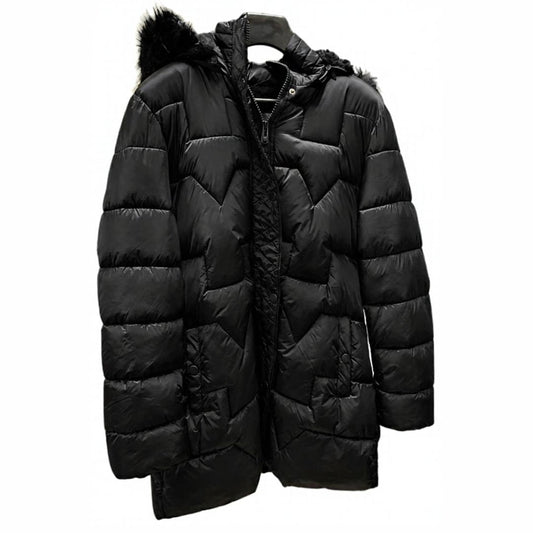 Women's Long Quilted Puffer Jacket with Detachable Hood & Faux Fur Trim Black