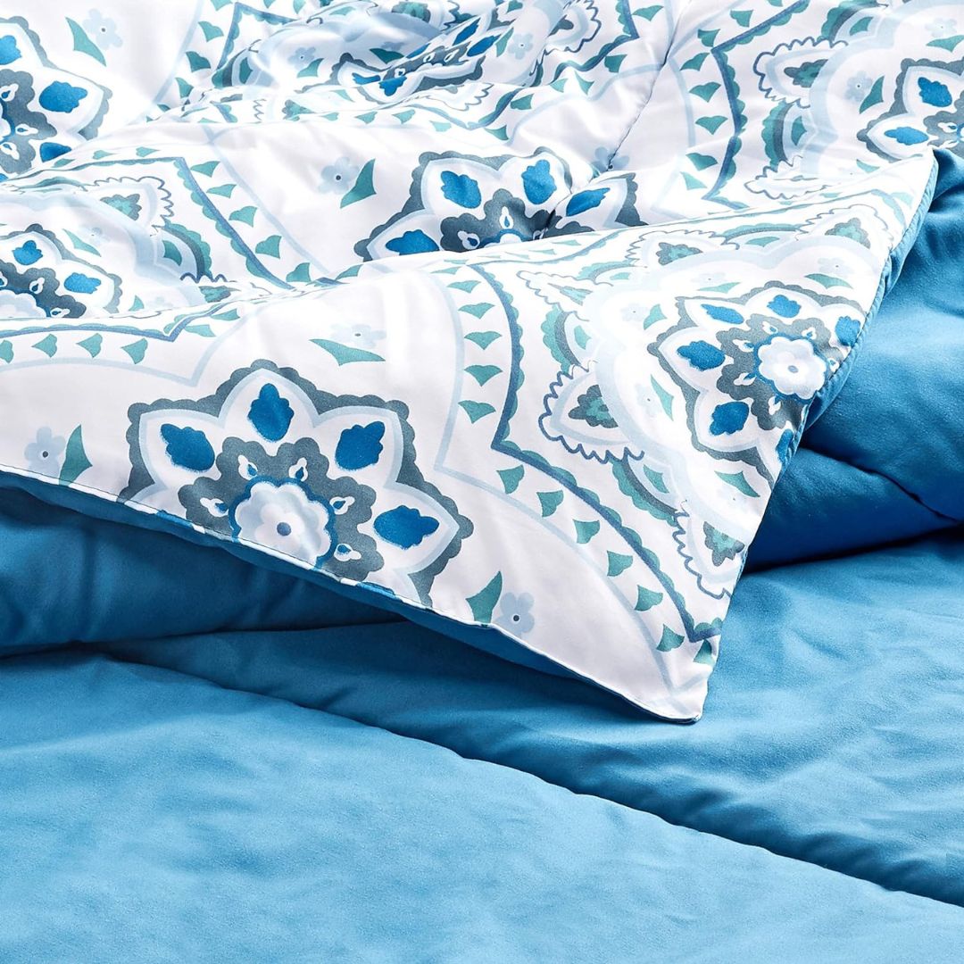 Queen Size Comforter Set. Colour – Light Blue Medallion.