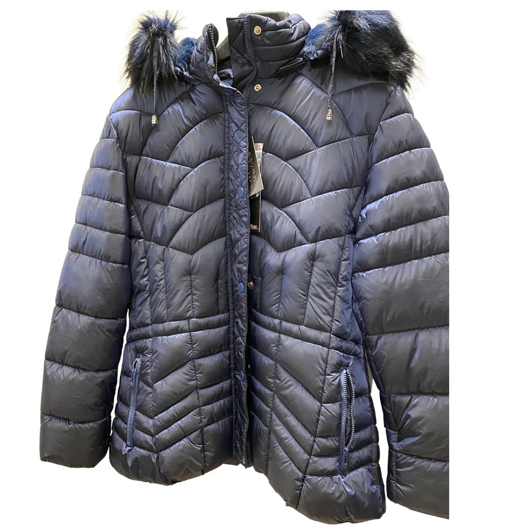 Women's Hip-Length Puffer Jacket with Detachable Hood & Faux Fur Trim Navy Blue