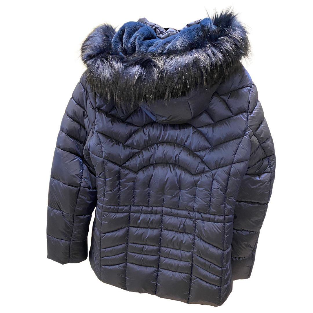 Women's Hip-Length Puffer Jacket with Detachable Hood & Faux Fur Trim Navy Blue