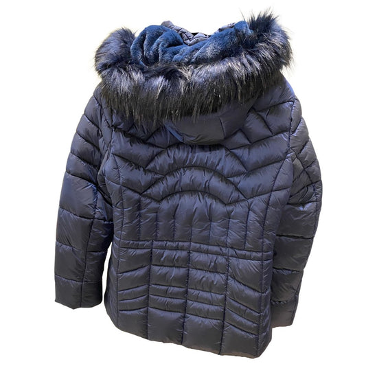 Women's Hip-Length Puffer Jacket with Detachable Hood & Faux Fur Trim Navy Blue