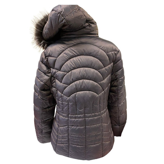 Women's Hip-Length Puffer Jacket with Detachable Hood & Faux Fur Trim Brown/Bronze