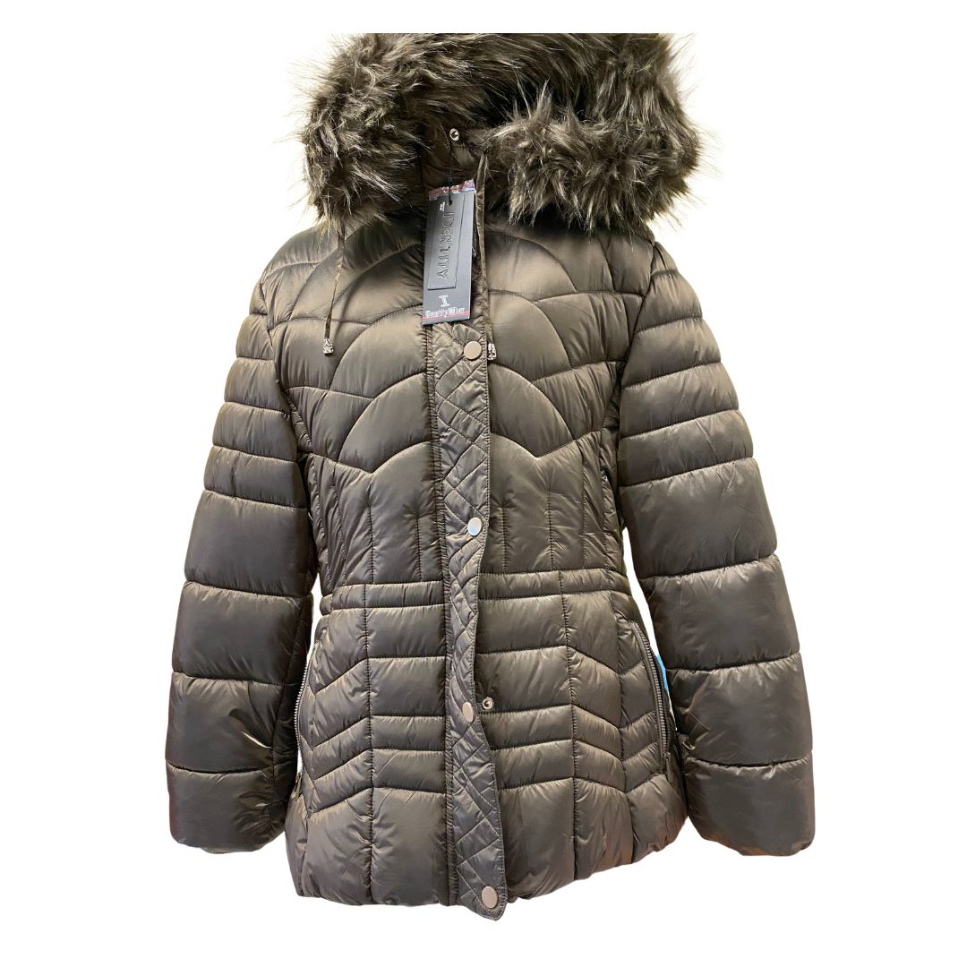 Women's Hip-Length Puffer Jacket with Detachable Hood & Faux Fur Trim Brown/Bronze