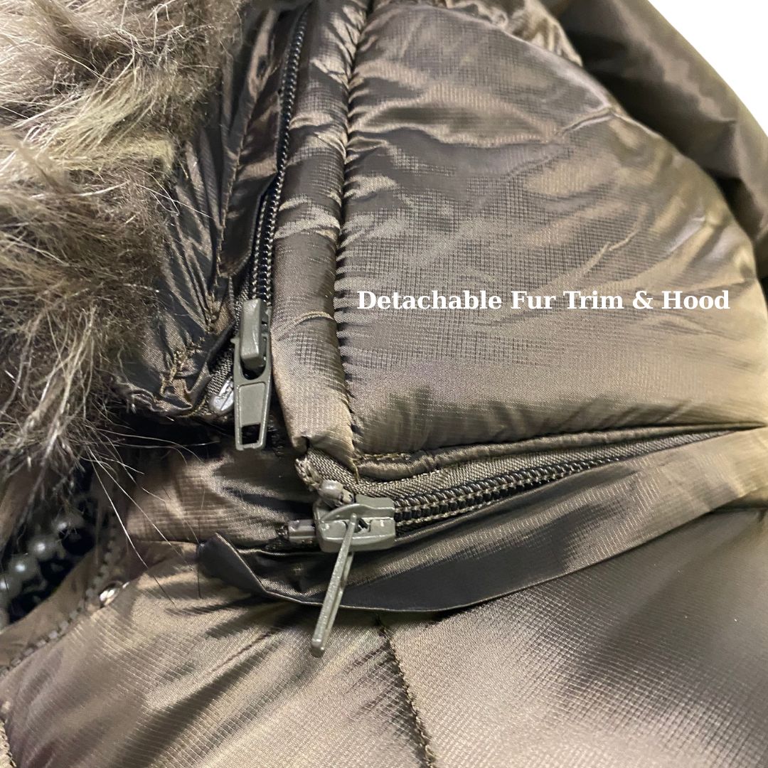Women's Hip-Length Puffer Jacket with Detachable Hood & Faux Fur Trim Brown/Bronze