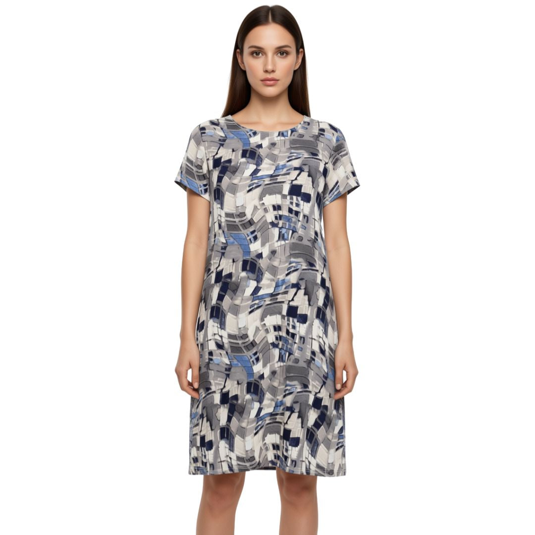 Abstract Print Dress Geometric Inspired Print Blue/Grey