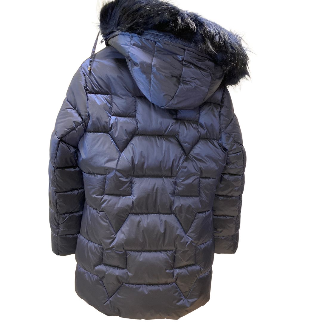 Women's Long Puffer Jacket – Detachable Hood & Faux Fur Trim Navy Blue