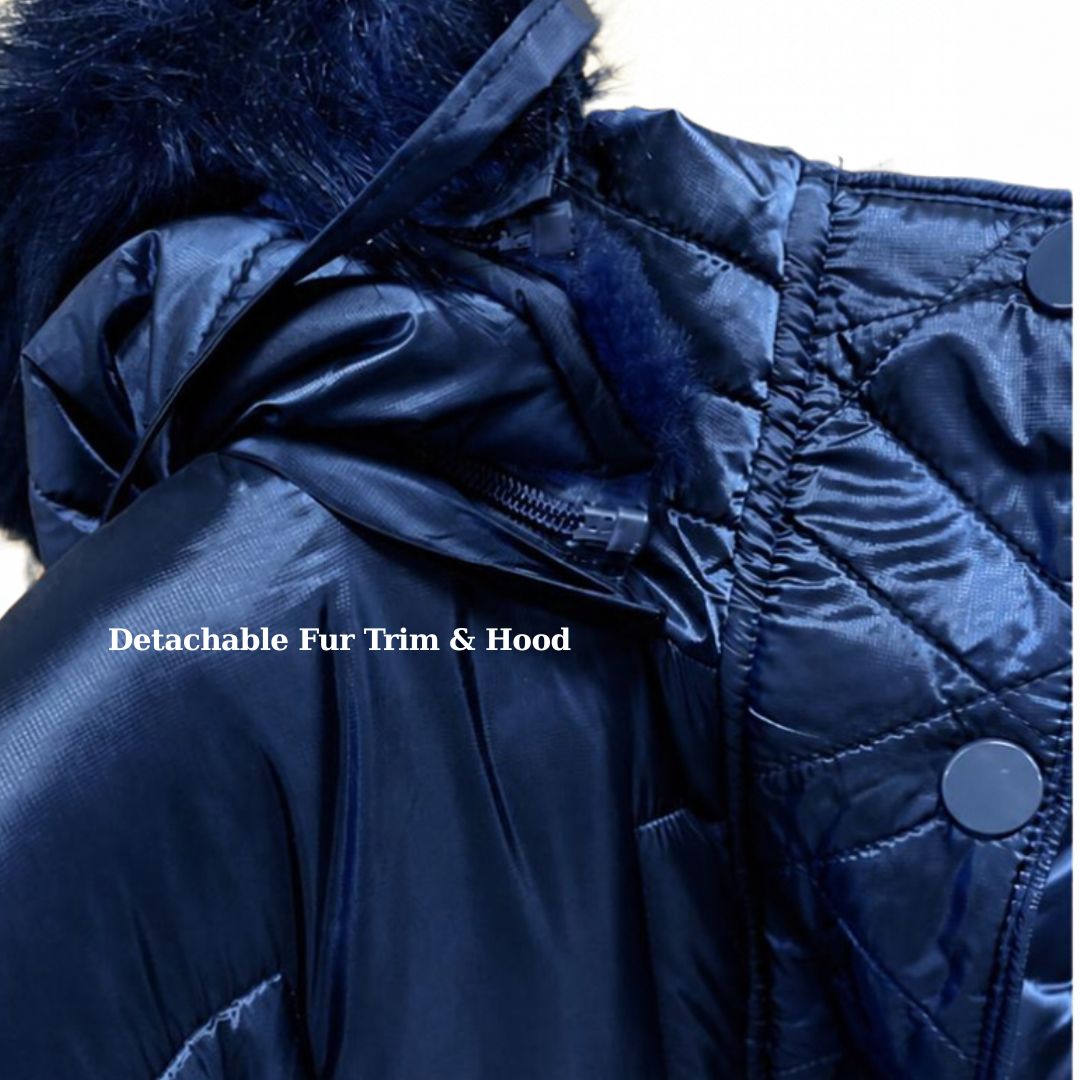 Women's Long Puffer Jacket – Detachable Hood & Faux Fur Trim Navy Blue