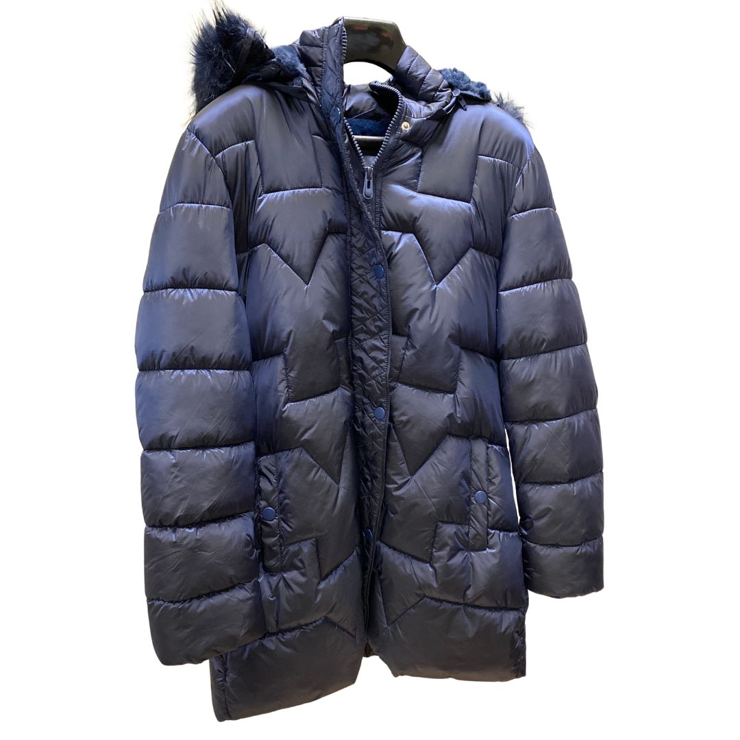 Women's Long Puffer Jacket – Detachable Hood & Faux Fur Trim Navy Blue