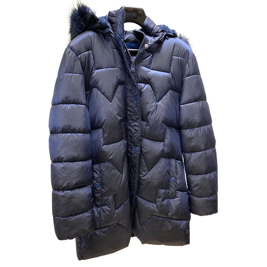 Women's Long Puffer Jacket – Detachable Hood & Faux Fur Trim Navy Blue
