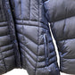 Women's Hip-Length Puffer Jacket with Detachable Hood & Faux Fur Trim Navy Blue
