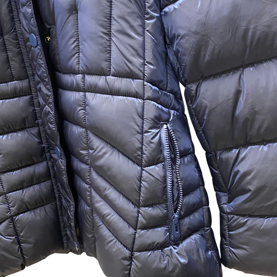 Women's Hip-Length Puffer Jacket with Detachable Hood & Faux Fur Trim Navy Blue