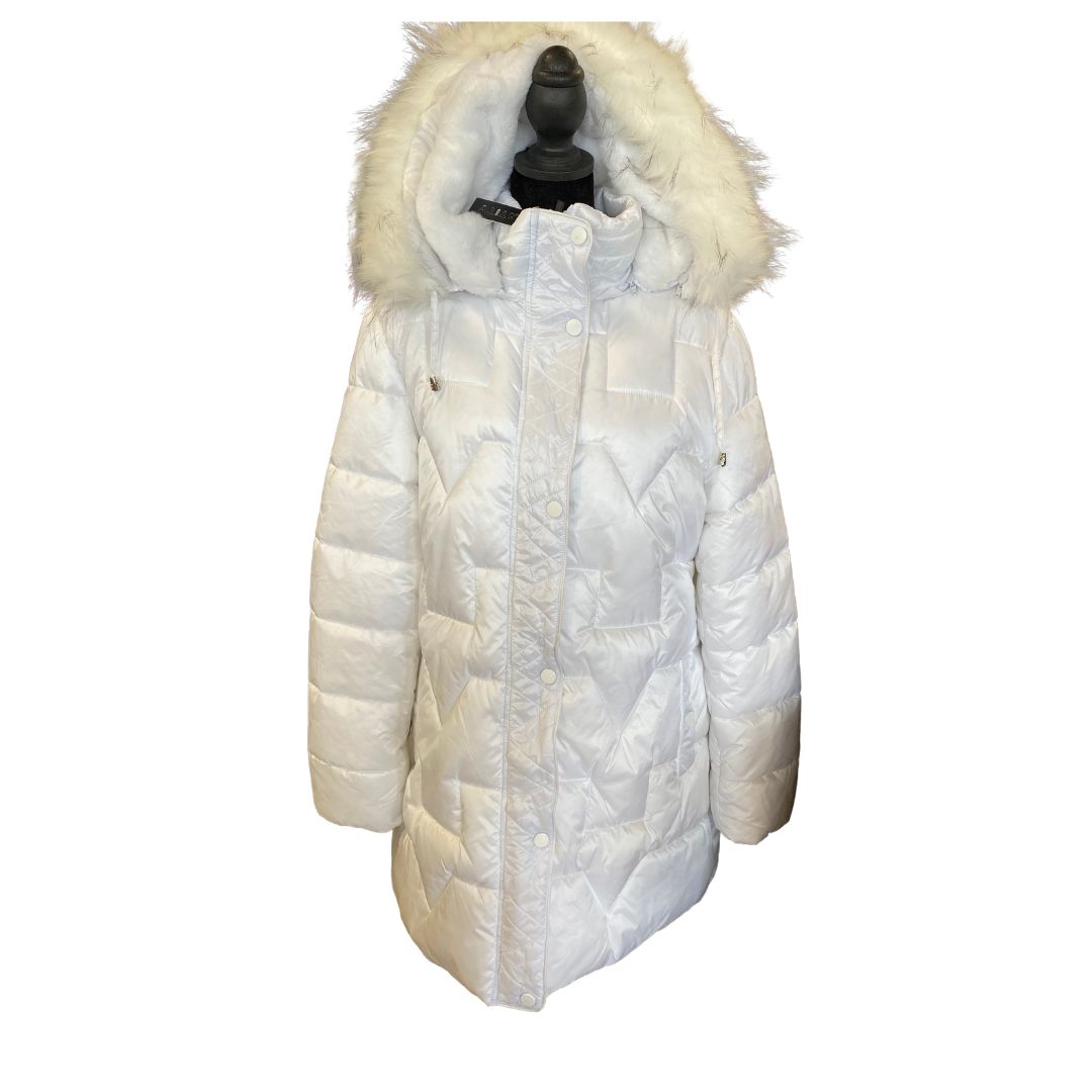 Women's Long Quilted Puffer Jacket with Detachable Hood & Faux Fur Trim White