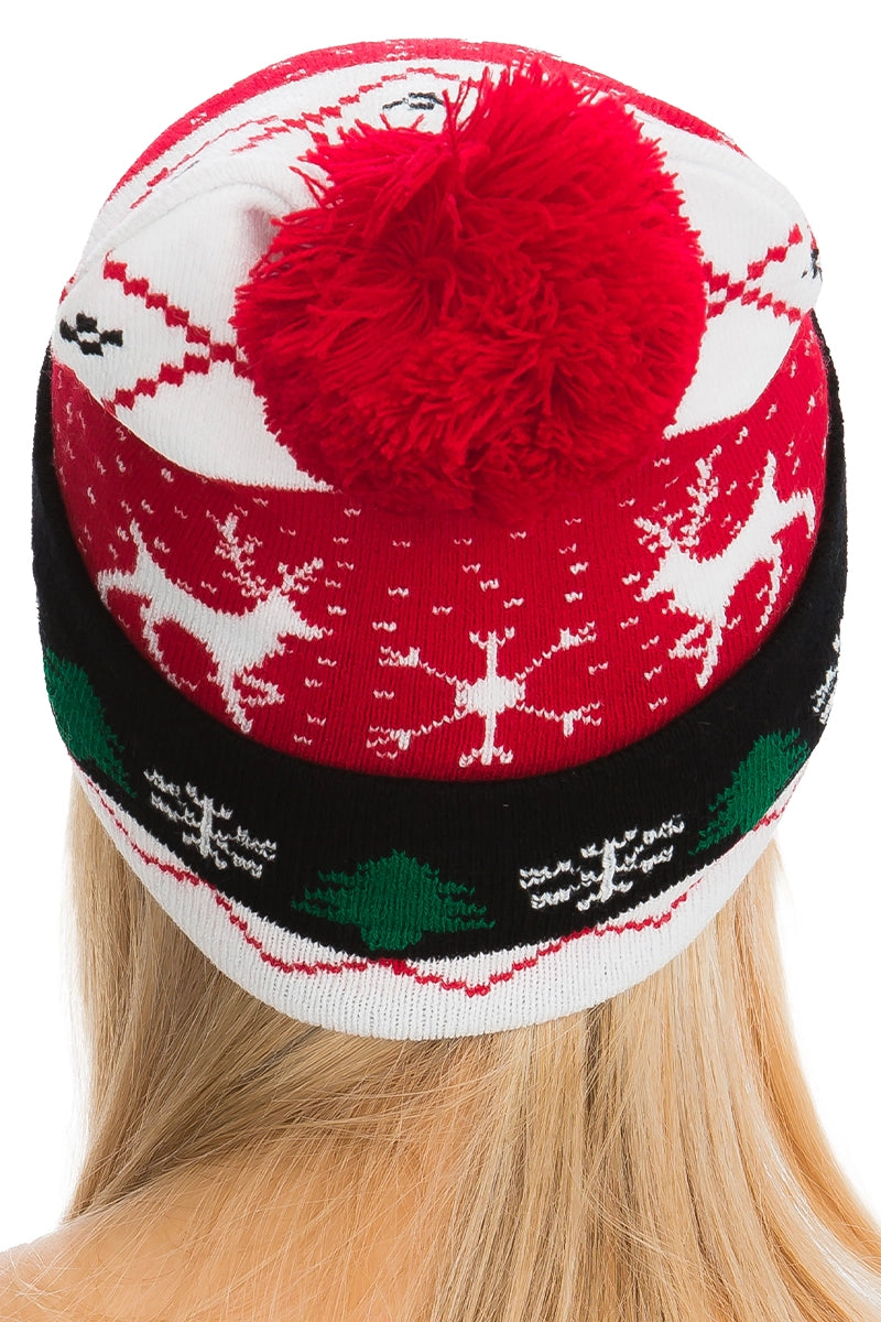 Christmas Single Pom Cuffed Beanie. Snowflake + Deer