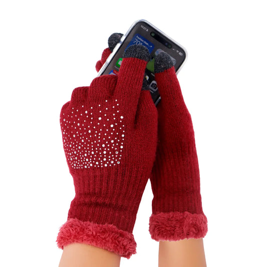 Women’s Embellished Fleece-Lined Knit Gloves - Burgundy