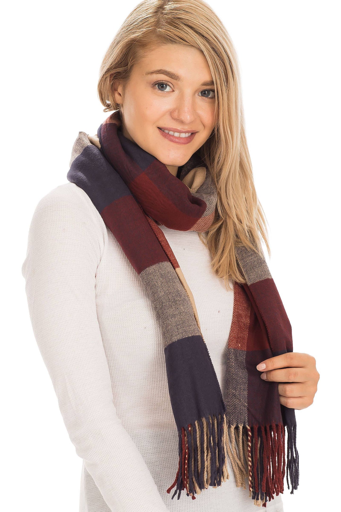 Windowpane Plaid Vegan Cashmere Long Wrap Scarf: TEAL/NAVY BLUE / ONE SIZE