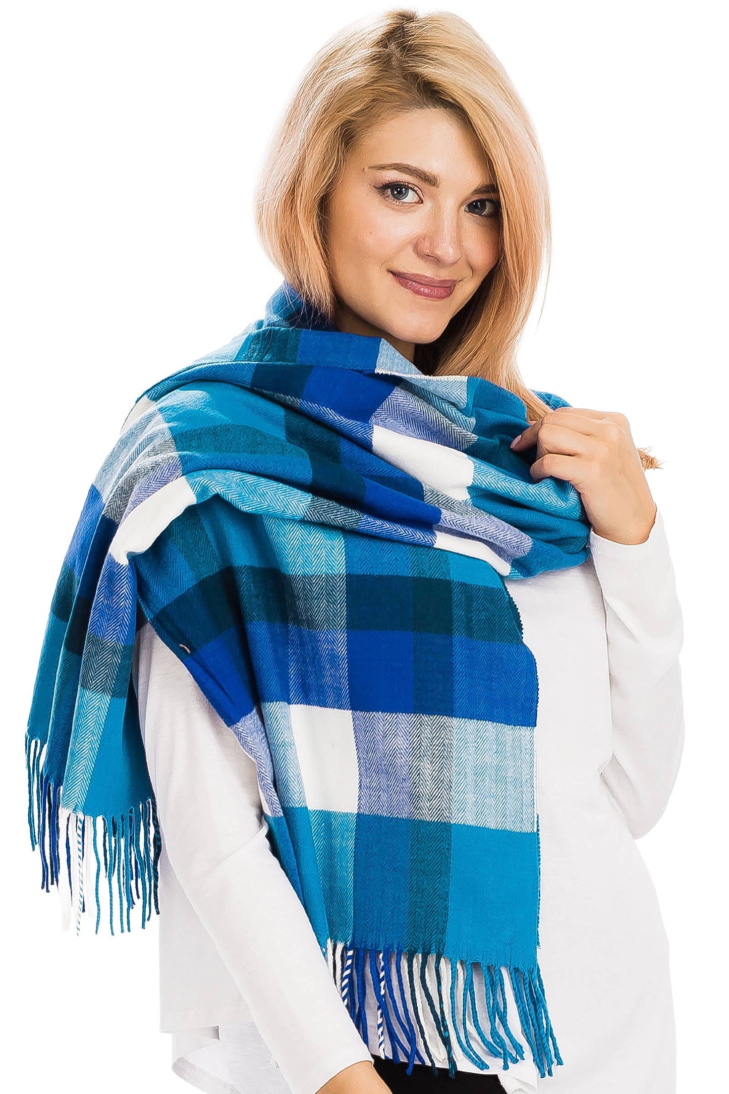 Windowpane Plaid Vegan Cashmere Long Wrap Scarf: TEAL/NAVY BLUE / ONE SIZE