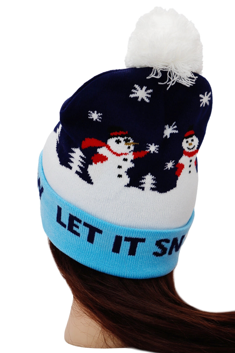 Christmas Single Pom Cuffed Beanie. Let it snow blue