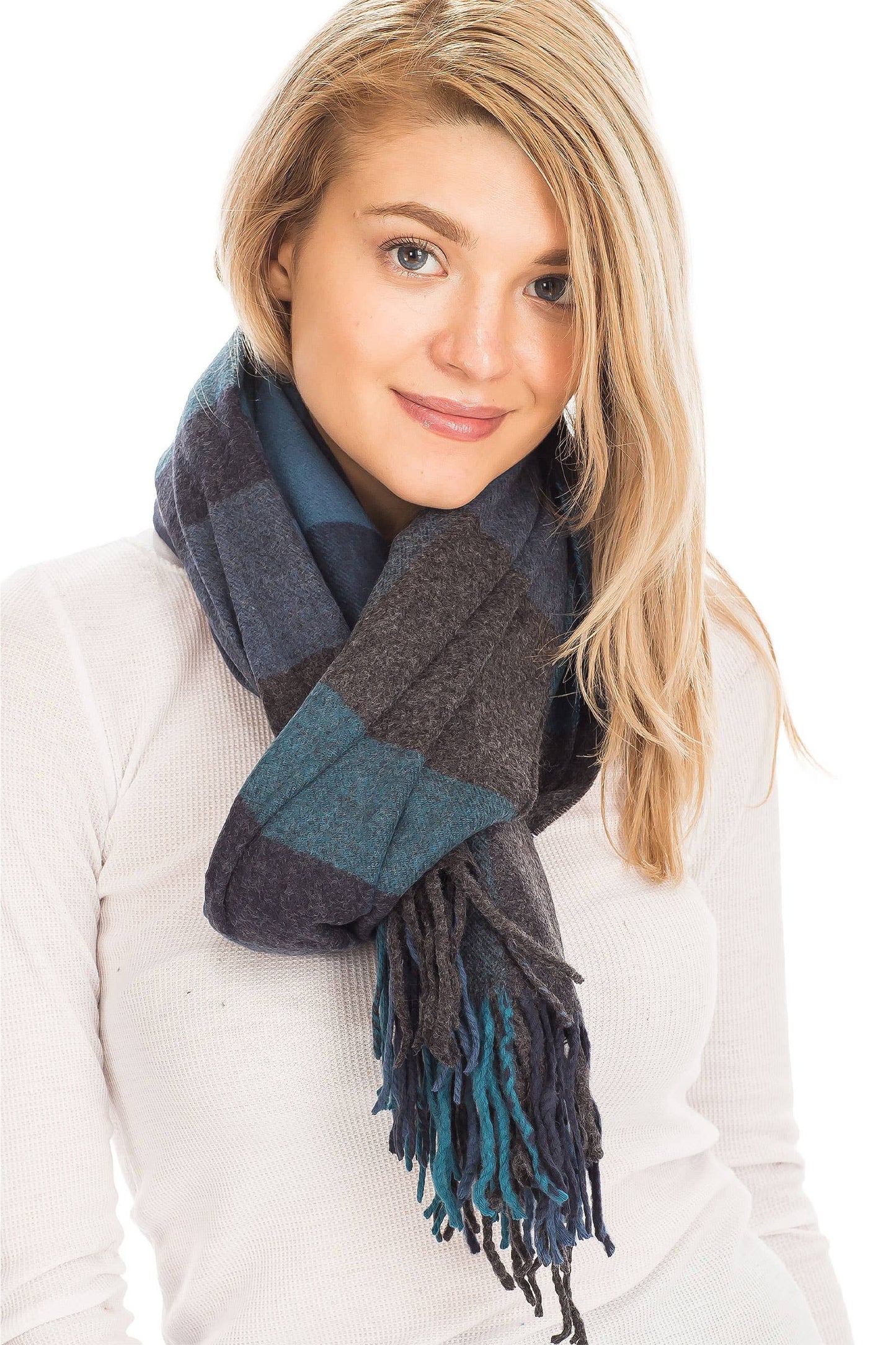 Windowpane Plaid Vegan Cashmere Long Wrap Scarf: TEAL/NAVY BLUE / ONE SIZE