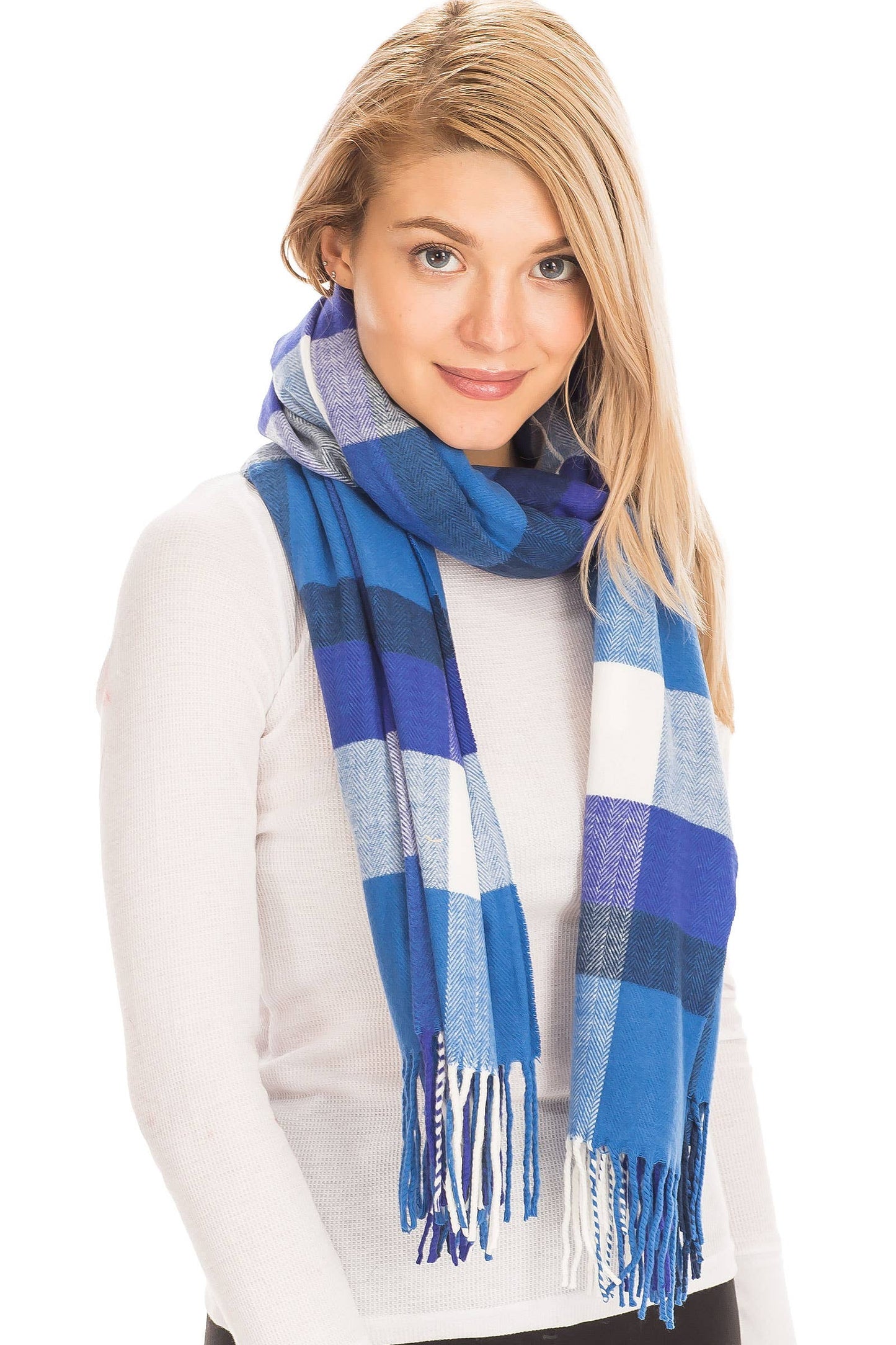 Windowpane Plaid Vegan Cashmere Long Wrap Scarf: BURGUNDY/BEIGE / ONE SIZE