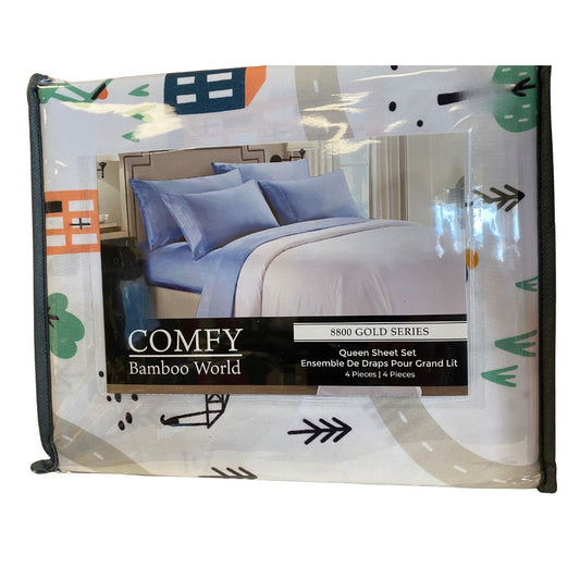 Comfy Bamboo World 8800 Gold Series Queen Sheet Set. Tracks & Cars