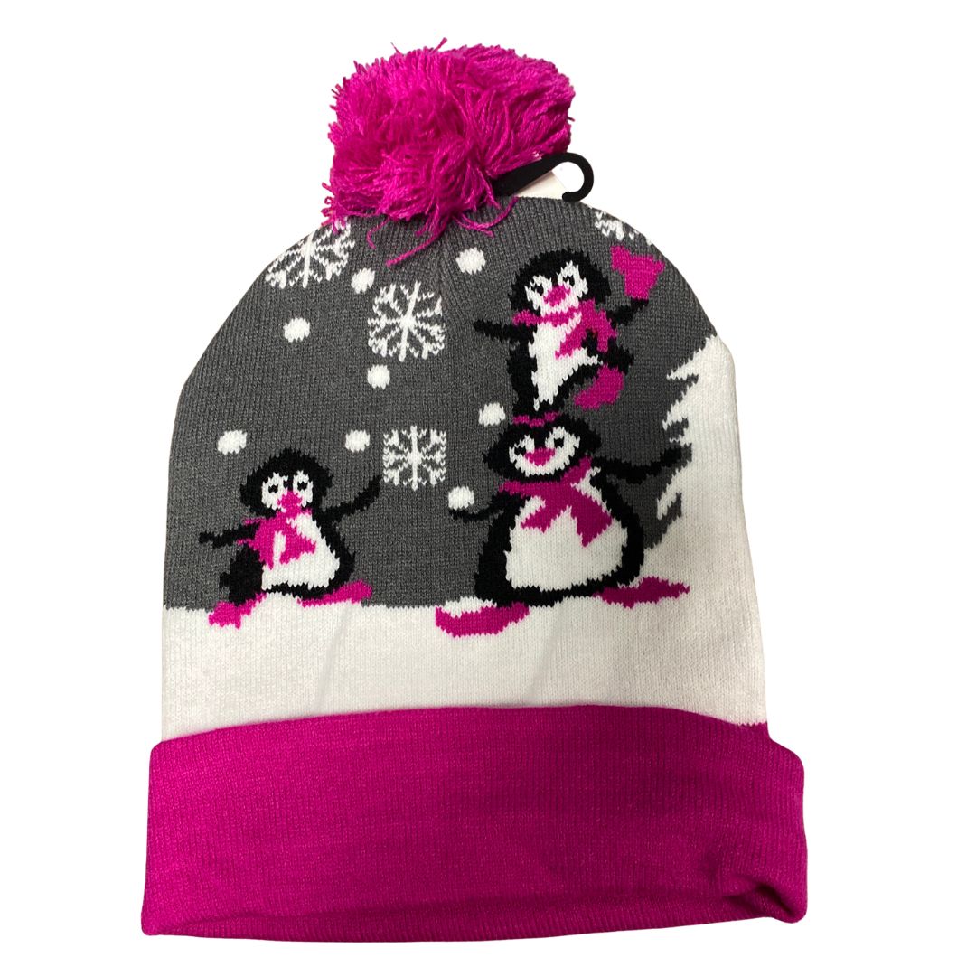 Christmas Single Pom Cuffed Beanie. Penguins