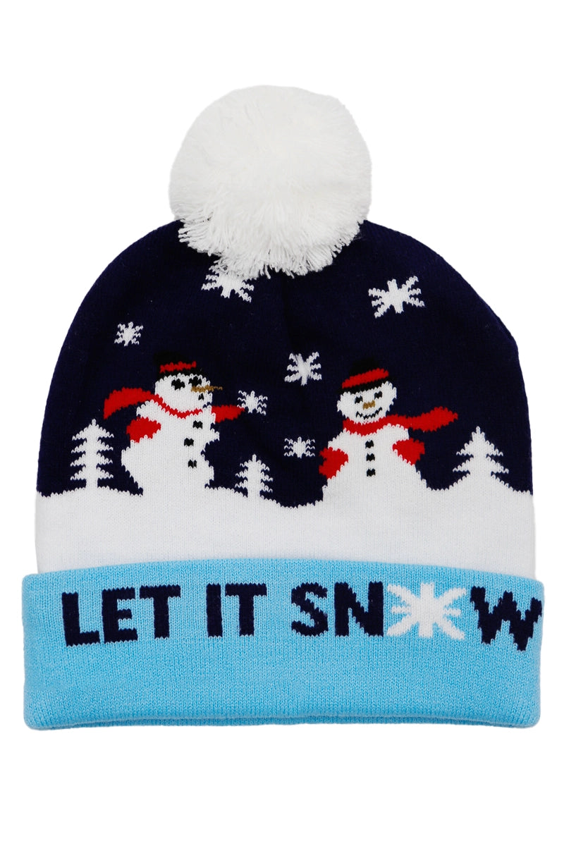 Christmas Single Pom Cuffed Beanie. Let it snow blue