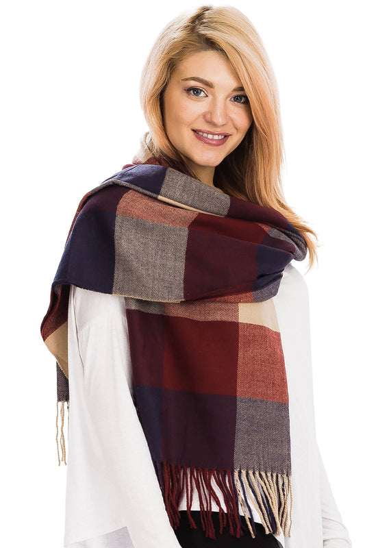 Windowpane Plaid Vegan Cashmere Long Wrap Scarf: BURGUNDY/BEIGE / ONE SIZE