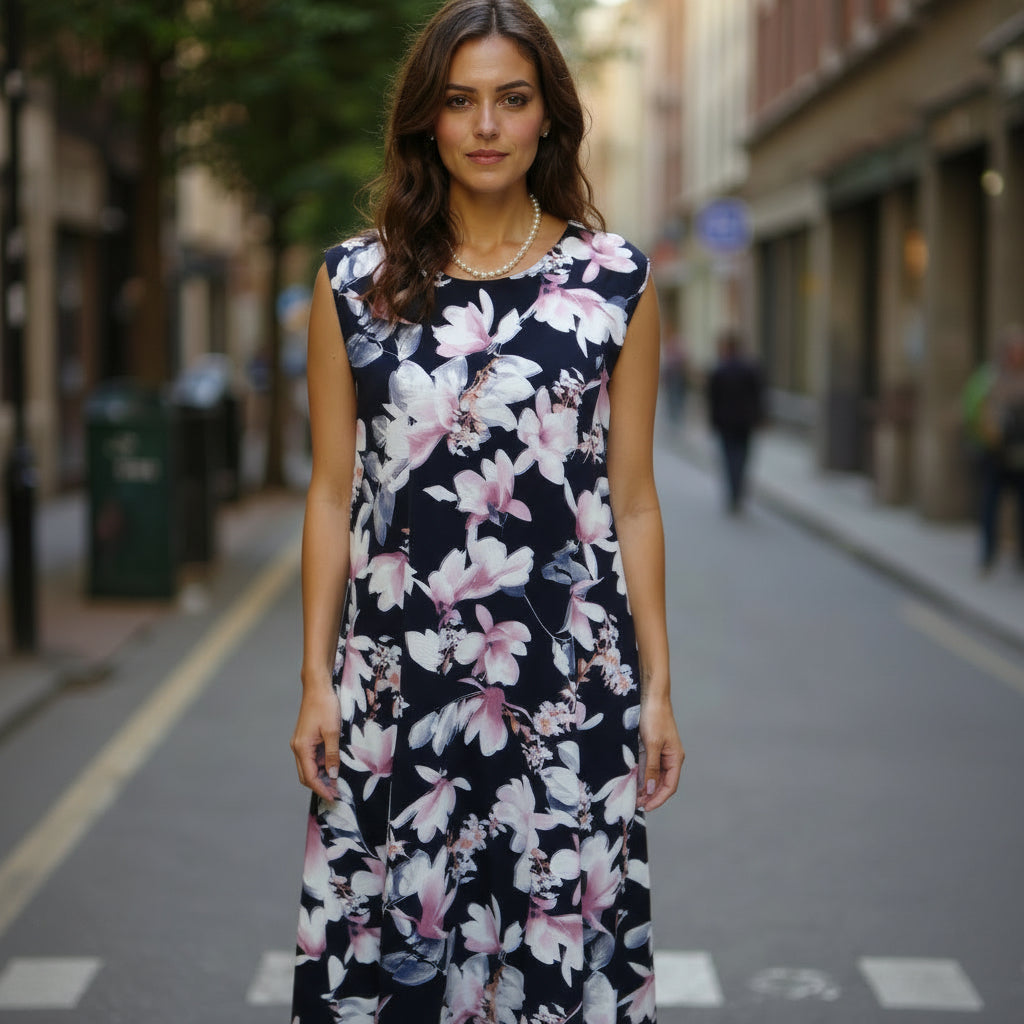 Floral Navy & Pink Sleeveless Dress