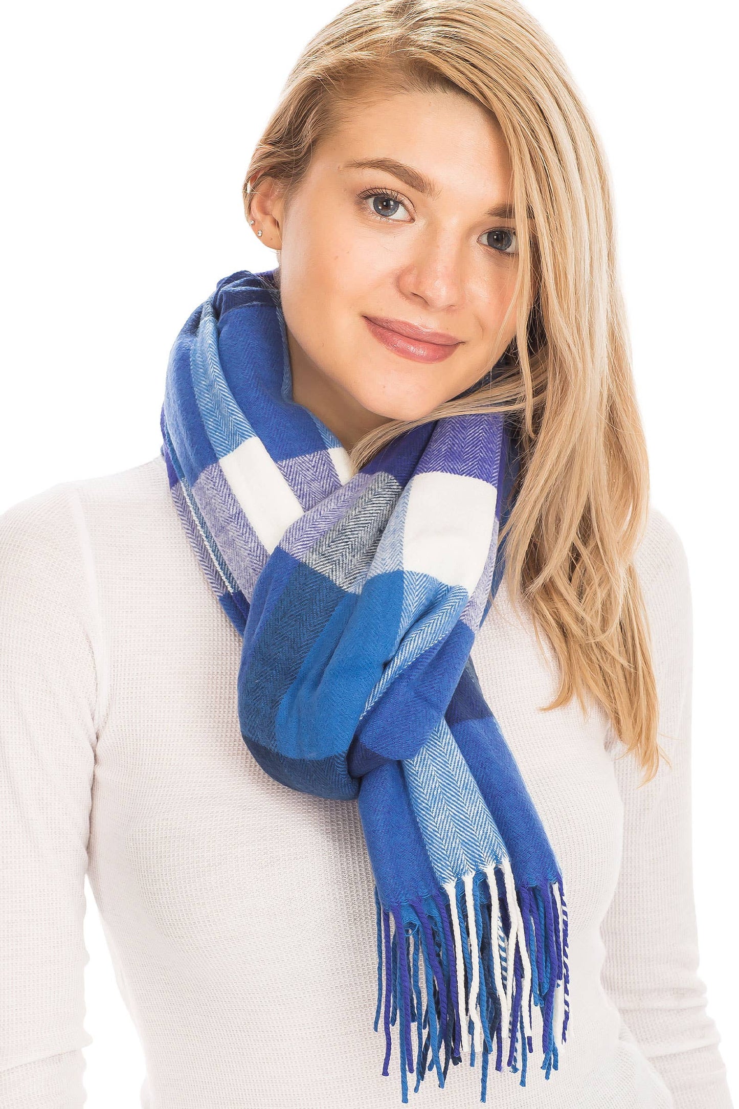 Windowpane Plaid Vegan Cashmere Long Wrap Scarf: TEAL/NAVY BLUE / ONE SIZE