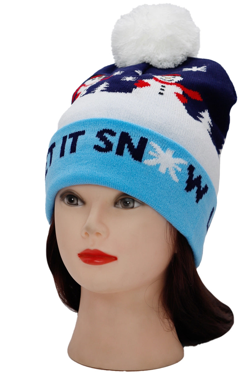 Christmas Single Pom Cuffed Beanie. Let it snow blue