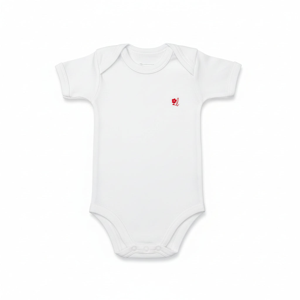 Infant Short Sleeve Bodysuit/Onesie White with red logo
