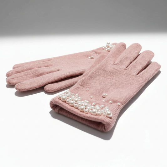 Pearl-Embellished Faux Fur Lined Gloves - Soft Pink