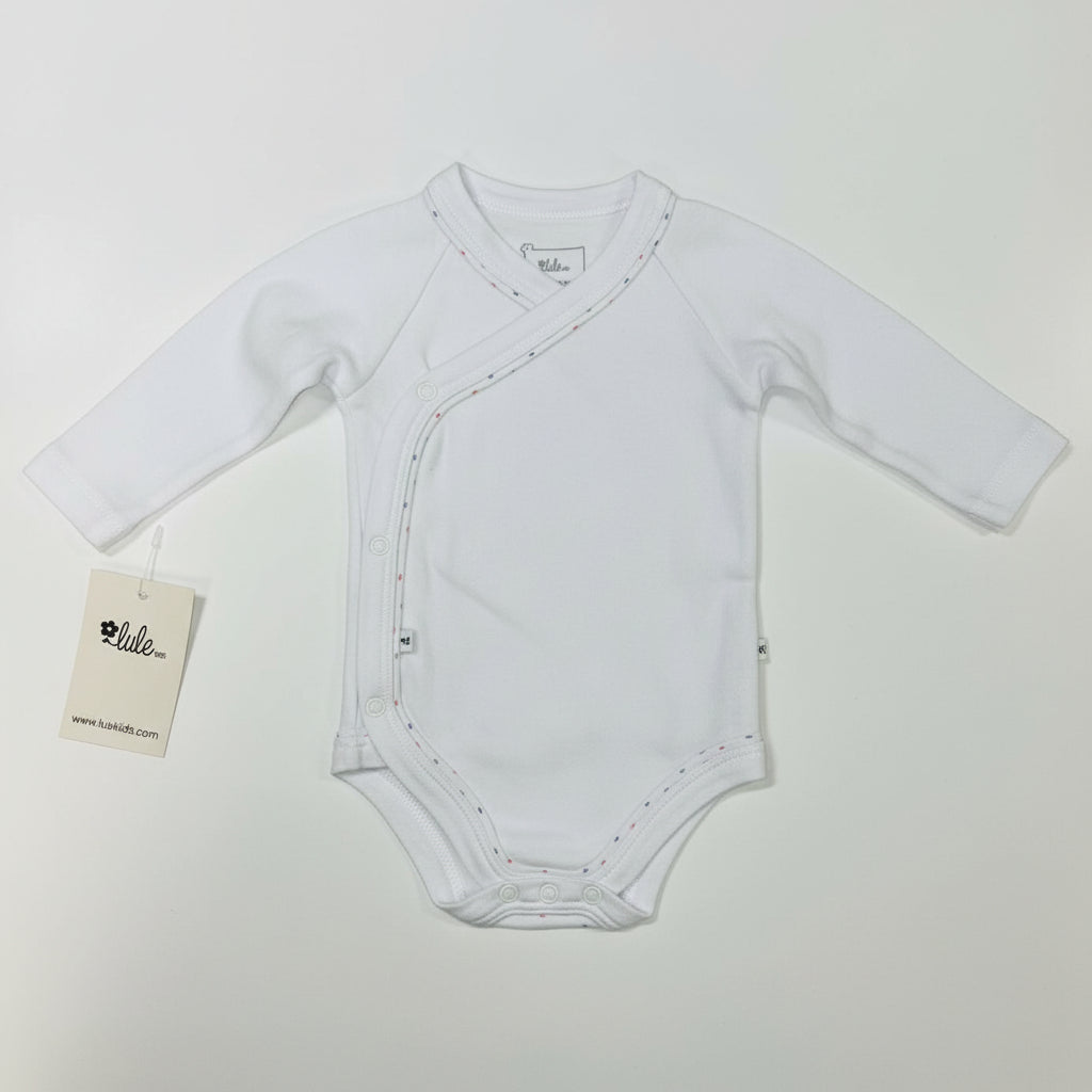 Infant Long Sleeve Bodysuit/Onesie White with blue/red dot trim