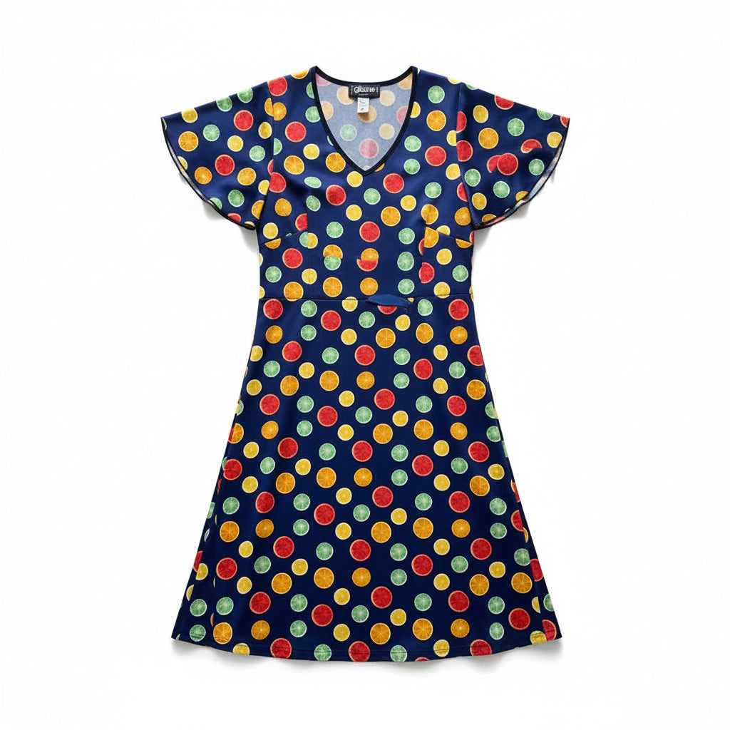 Playful Fruit Print Flutter Sleeve Dress – Made in Canada