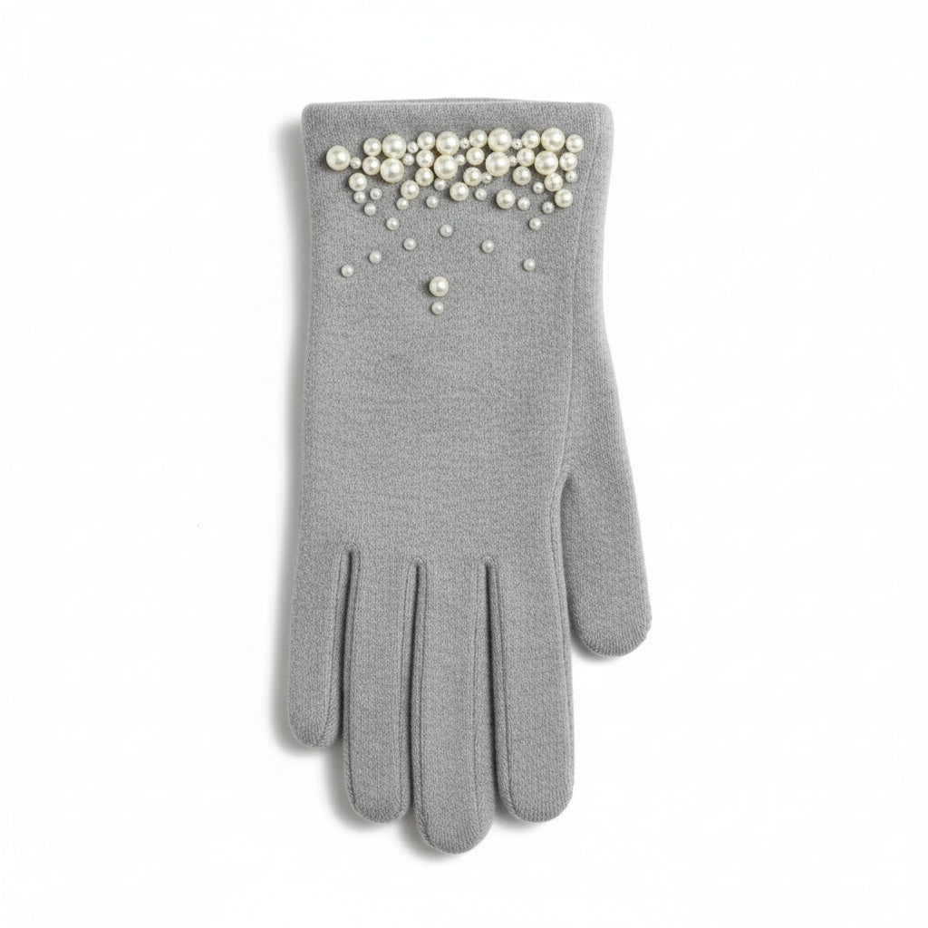 Pearl-Embellished Faux Fur Lined Gloves - Light Grey